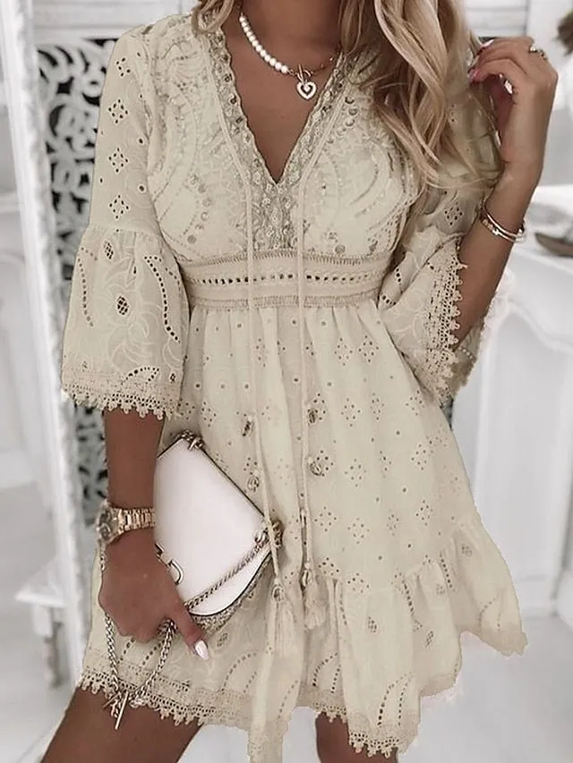 Women's Party Dress Casual Dress Lace Dress Mini Dress White Beige 3/4 Length Sleeve Embroidery Ruched Summer Spring Fall V Neck Fashion Wedding Summer Dress Office 2023 S M L XL 2XL 3XL