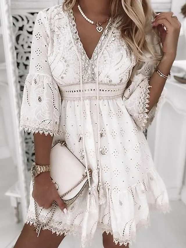 Women's Party Dress Casual Dress Lace Dress Mini Dress White Beige 3/4 Length Sleeve Embroidery Ruched Summer Spring Fall V Neck Fashion Wedding Summer Dress Office 2023 S M L XL 2XL 3XL