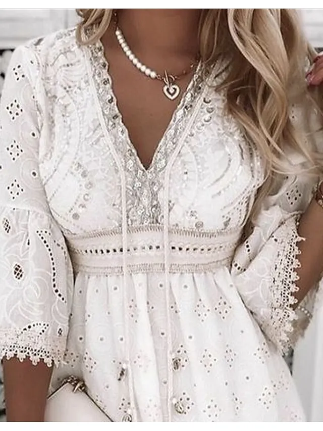 Women's Party Dress Casual Dress Lace Dress Mini Dress White Beige 3/4 Length Sleeve Embroidery Ruched Summer Spring Fall V Neck Fashion Wedding Summer Dress Office 2023 S M L XL 2XL 3XL