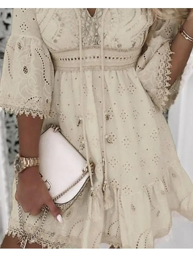 Women's Party Dress Casual Dress Lace Dress Mini Dress White Beige 3/4 Length Sleeve Embroidery Ruched Summer Spring Fall V Neck Fashion Wedding Summer Dress Office 2023 S M L XL 2XL 3XL